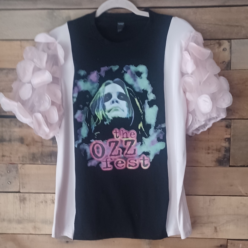 Uocycled Pink and Black Graphic Women's Top - Picture 5 of 8